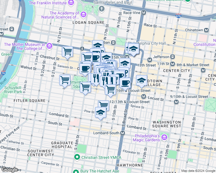map of restaurants, bars, coffee shops, grocery stores, and more near 220 South 16th Street in Philadelphia