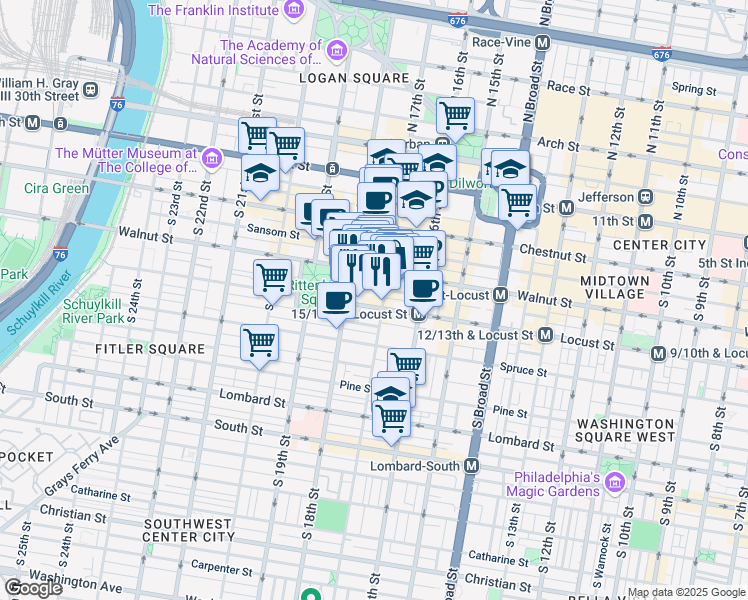 map of restaurants, bars, coffee shops, grocery stores, and more near 1705 Chancellor Street in Philadelphia