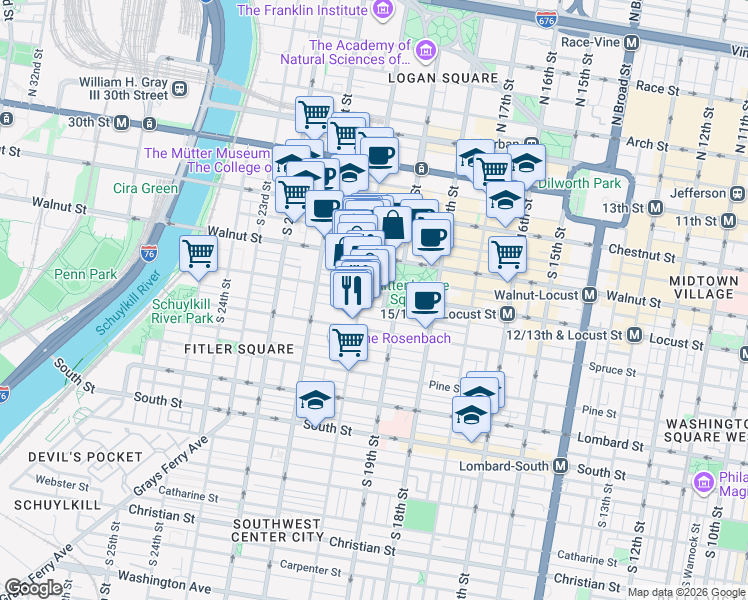 map of restaurants, bars, coffee shops, grocery stores, and more near in Philadelphia