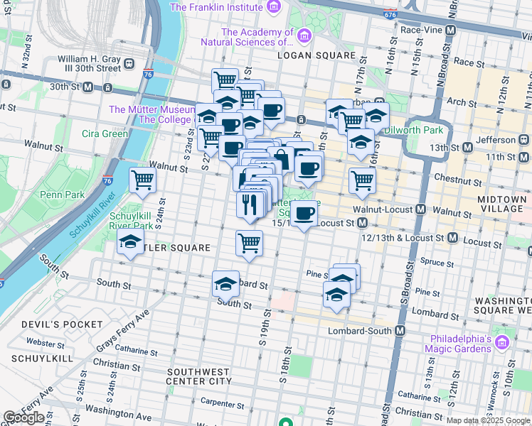 map of restaurants, bars, coffee shops, grocery stores, and more near 233 South 20th Street in Philadelphia