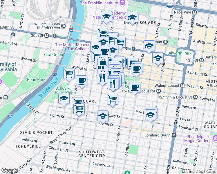 map of restaurants, bars, coffee shops, grocery stores, and more near 259 South 21st Street in Philadelphia