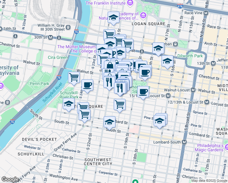 map of restaurants, bars, coffee shops, grocery stores, and more near 259 South 21st Street in Philadelphia