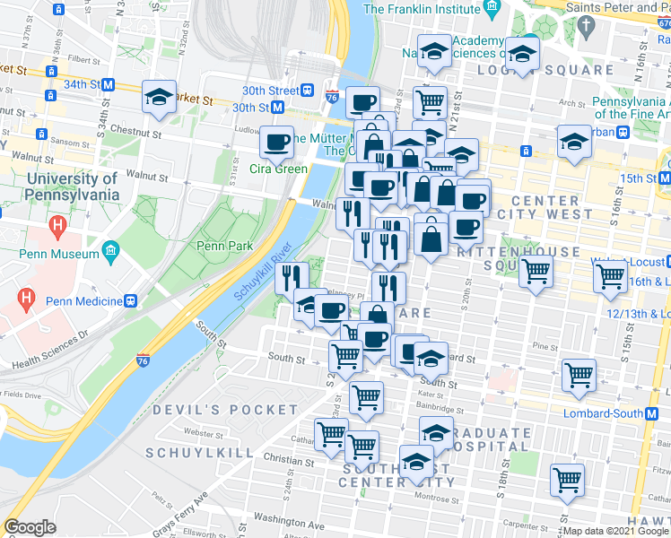 map of restaurants, bars, coffee shops, grocery stores, and more near in Philadelphia