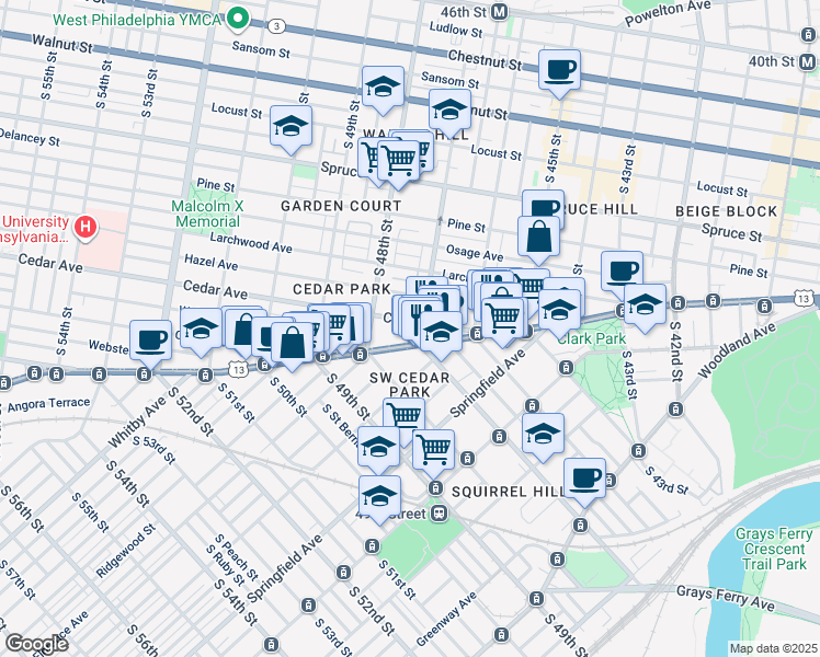 map of restaurants, bars, coffee shops, grocery stores, and more near 4711 Cedar Avenue in Philadelphia