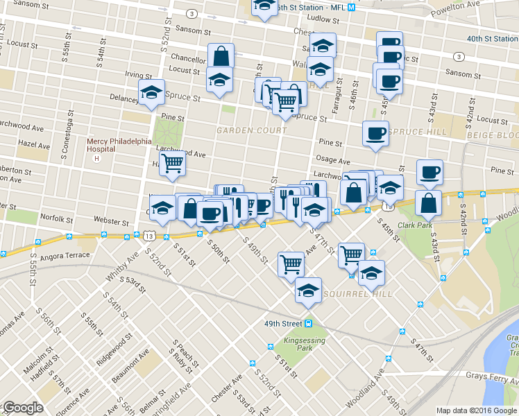 map of restaurants, bars, coffee shops, grocery stores, and more near in Philadelphia