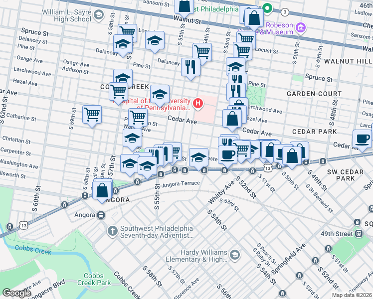 map of restaurants, bars, coffee shops, grocery stores, and more near 5401 Catharine Street in Philadelphia