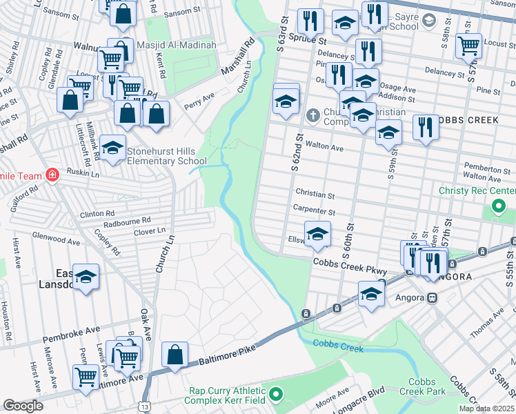 map of restaurants, bars, coffee shops, grocery stores, and more near 6235 Carpenter Street in Philadelphia