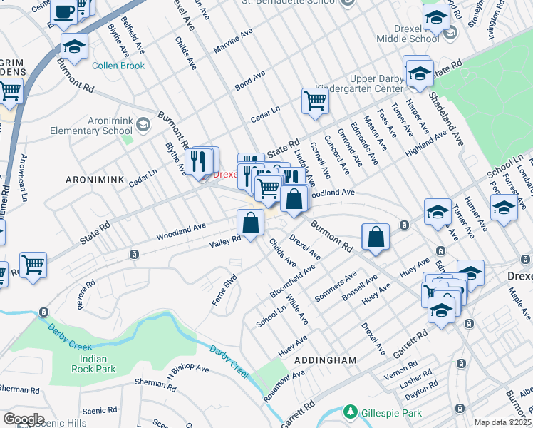 map of restaurants, bars, coffee shops, grocery stores, and more near 4300 Woodland Avenue in Drexel Hill