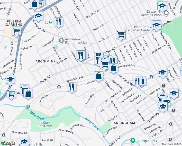 map of restaurants, bars, coffee shops, grocery stores, and more near 715 Belfield Avenue in Drexel Hill