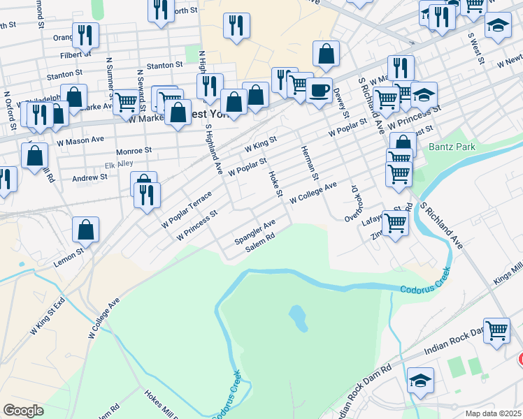 map of restaurants, bars, coffee shops, grocery stores, and more near 1390 West Princess Street in York
