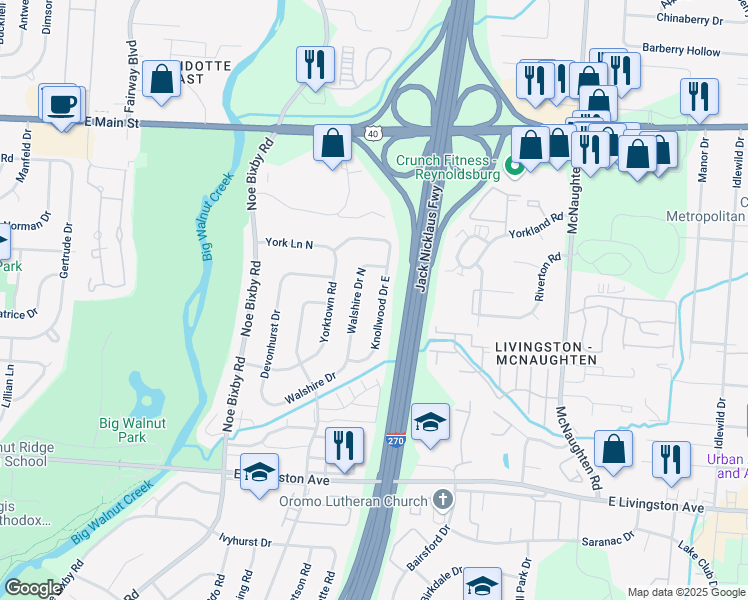 map of restaurants, bars, coffee shops, grocery stores, and more near 1356 Knollwood Drive East in Columbus
