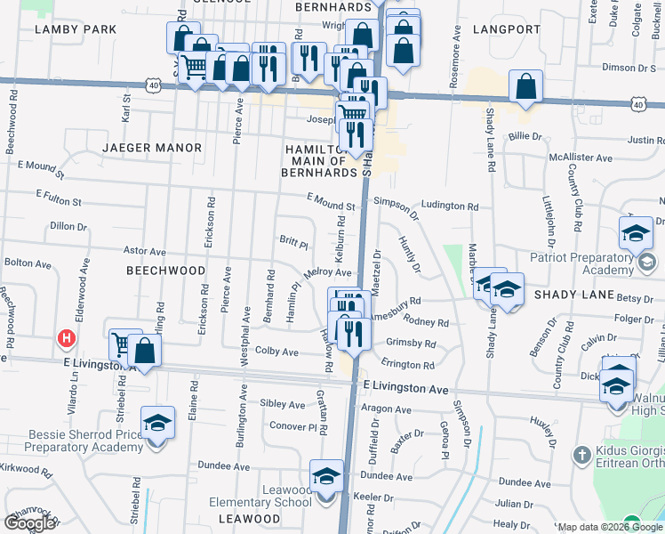 map of restaurants, bars, coffee shops, grocery stores, and more near 1234 Dutton Place in Columbus