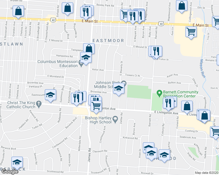 map of restaurants, bars, coffee shops, grocery stores, and more near 1071 South Hampton Road in Columbus