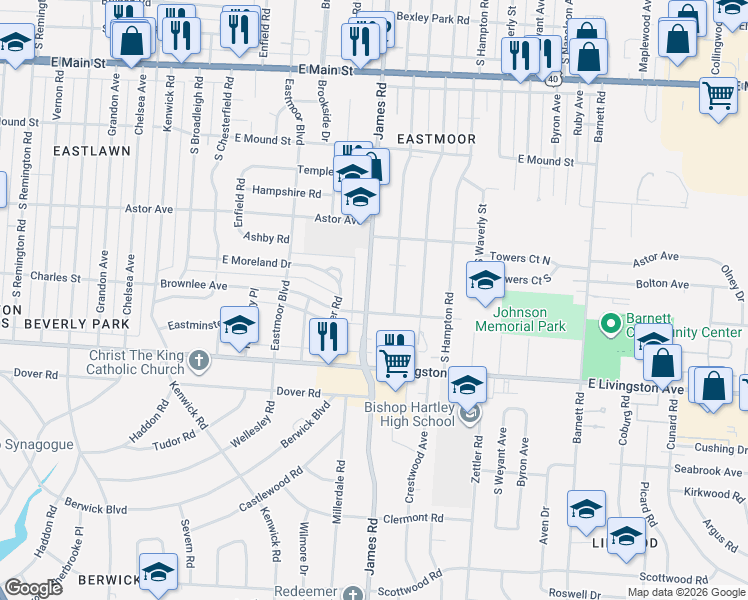 map of restaurants, bars, coffee shops, grocery stores, and more near 1053 South James Road in Columbus