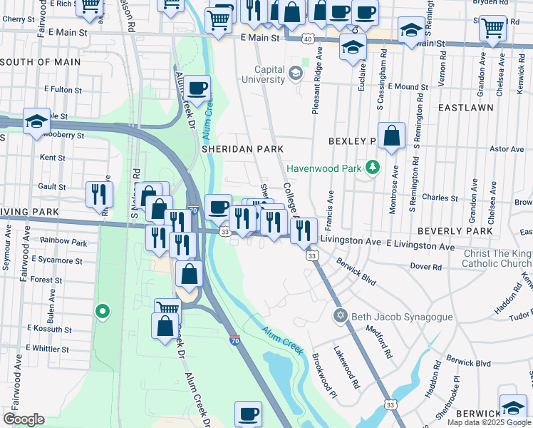 map of restaurants, bars, coffee shops, grocery stores, and more near 923 Sheridan Avenue in Bexley