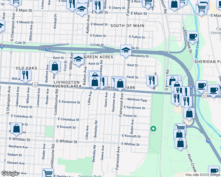 map of restaurants, bars, coffee shops, grocery stores, and more near 1566 Newton Street in Columbus