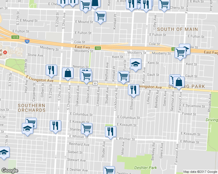 map of restaurants, bars, coffee shops, grocery stores, and more near 1226 East Livingston Avenue in Columbus