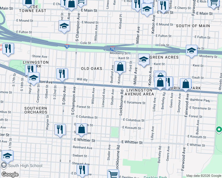 map of restaurants, bars, coffee shops, grocery stores, and more near 1226 East Livingston Avenue in Columbus