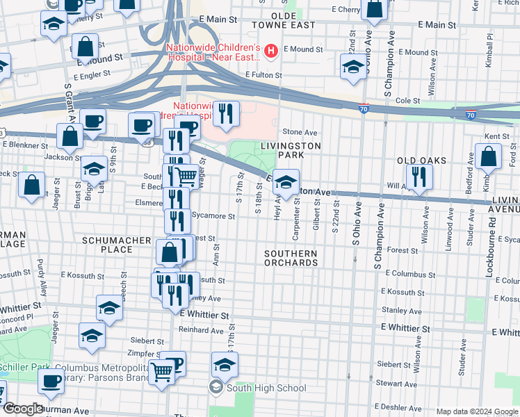 map of restaurants, bars, coffee shops, grocery stores, and more near 731 1/2 Heyl Avenue in Columbus
