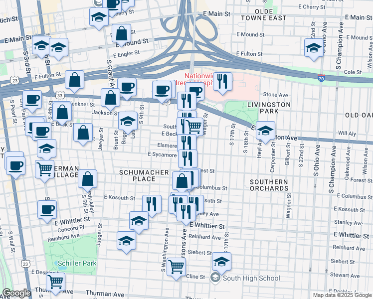 map of restaurants, bars, coffee shops, grocery stores, and more near 50 May Alley in Columbus