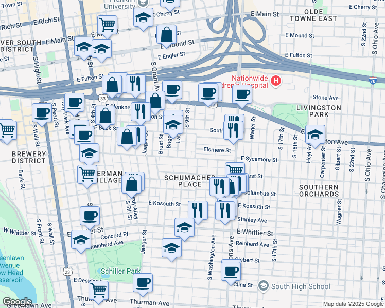 map of restaurants, bars, coffee shops, grocery stores, and more near 675 Beech Street in Columbus