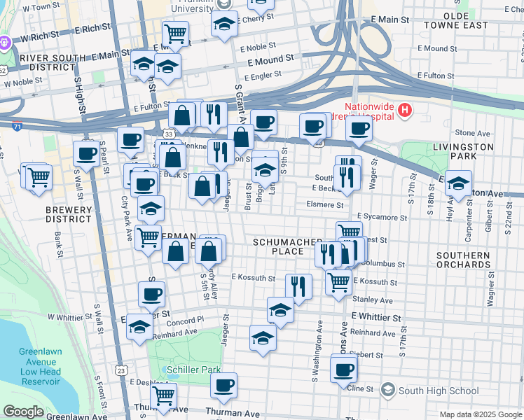 map of restaurants, bars, coffee shops, grocery stores, and more near 670 Lathrop Street in Columbus