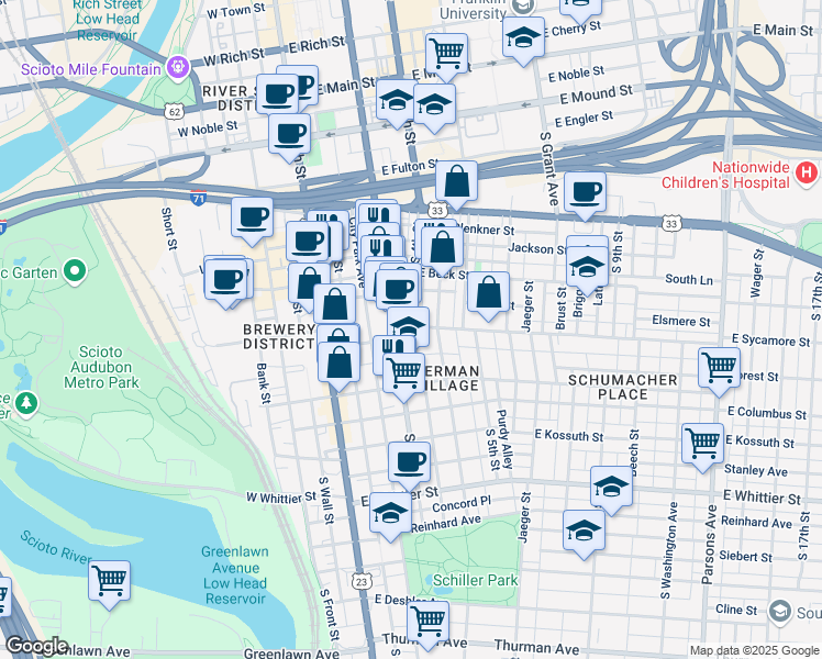 map of restaurants, bars, coffee shops, grocery stores, and more near 630 South 3rd Street in Columbus