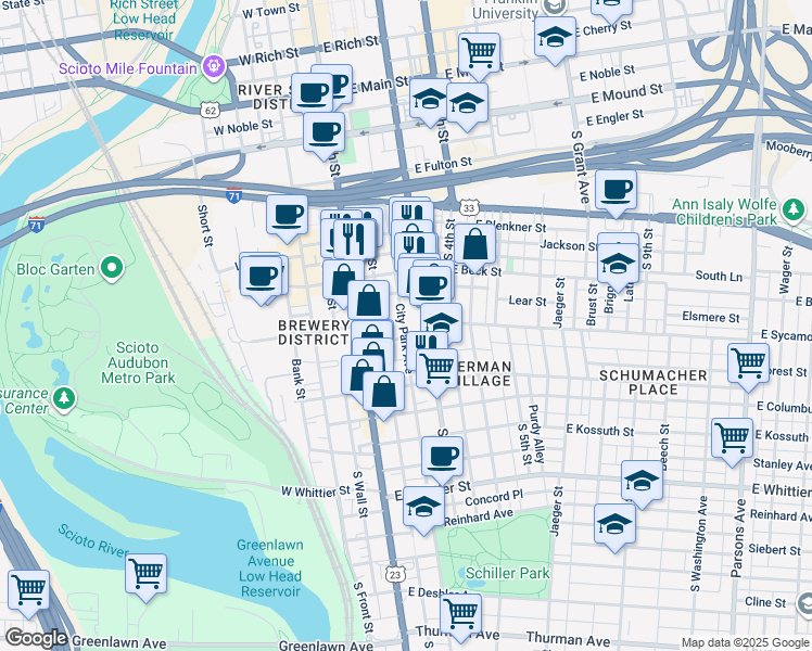 map of restaurants, bars, coffee shops, grocery stores, and more near 600 South Pearl Street in Columbus