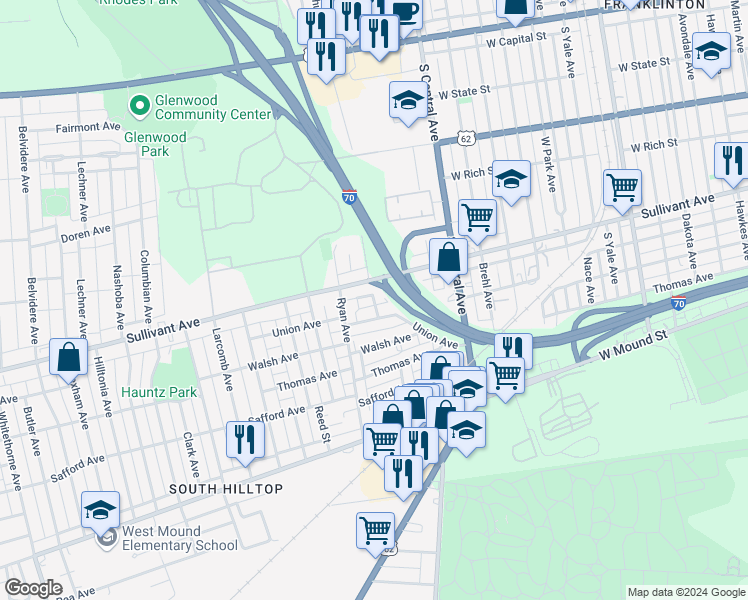 map of restaurants, bars, coffee shops, grocery stores, and more near 389 Martha Avenue in Columbus