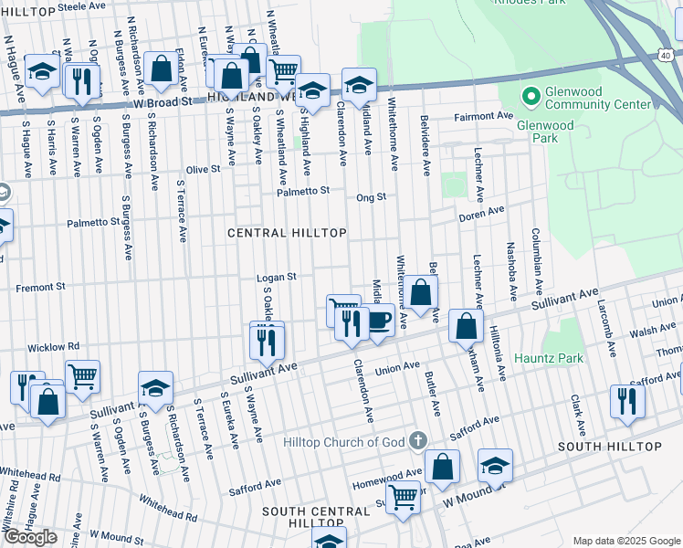 map of restaurants, bars, coffee shops, grocery stores, and more near 283 Clarendon Avenue in Columbus