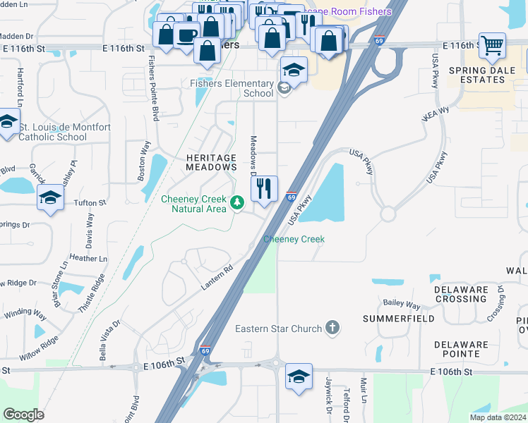 map of restaurants, bars, coffee shops, grocery stores, and more near 11101 Lantern Road in Fishers