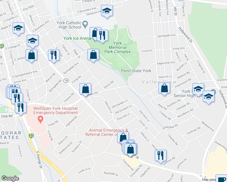 map of restaurants, bars, coffee shops, grocery stores, and more near 1300 Clover Lane in York
