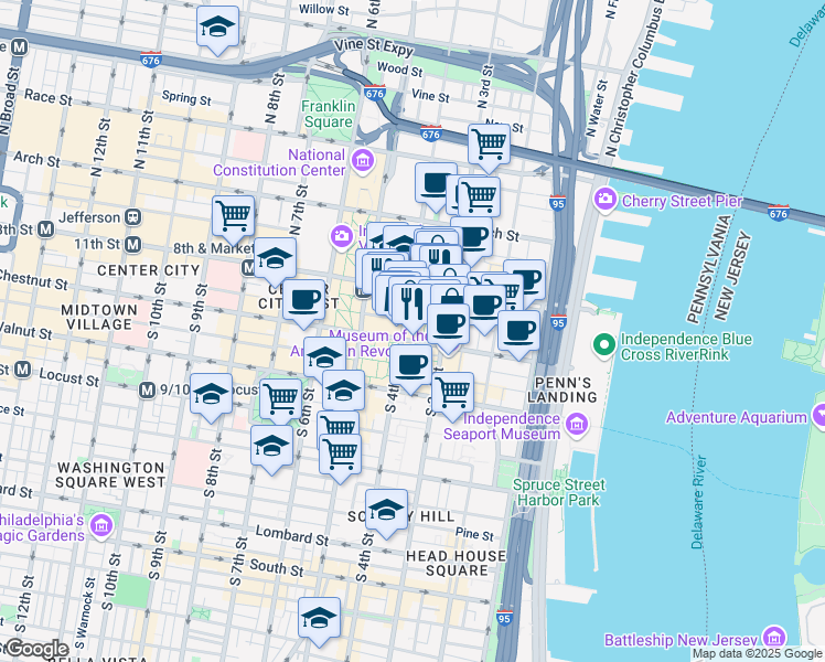 map of restaurants, bars, coffee shops, grocery stores, and more near 35 South 4th Street in Philadelphia