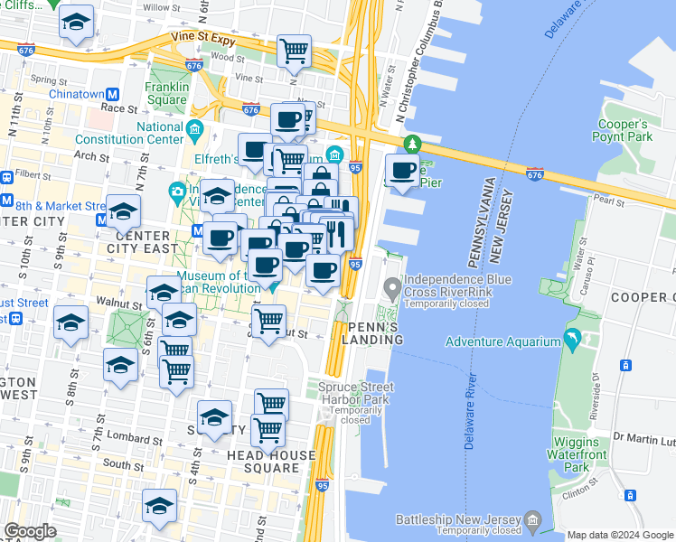 map of restaurants, bars, coffee shops, grocery stores, and more near 4 South Front Street in Philadelphia