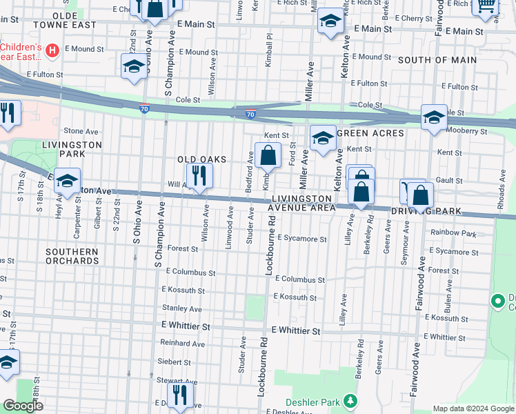 map of restaurants, bars, coffee shops, grocery stores, and more near 1257 East Livingston Avenue in Columbus