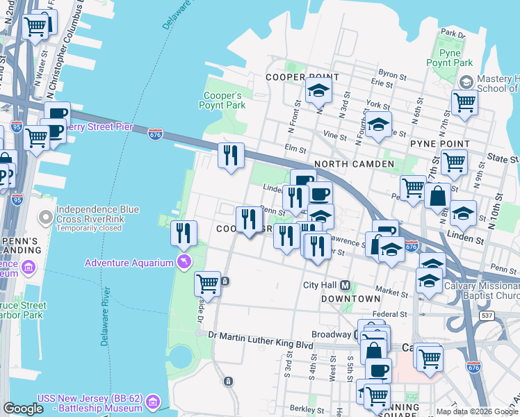 map of restaurants, bars, coffee shops, grocery stores, and more near Penn St & Point St in Camden