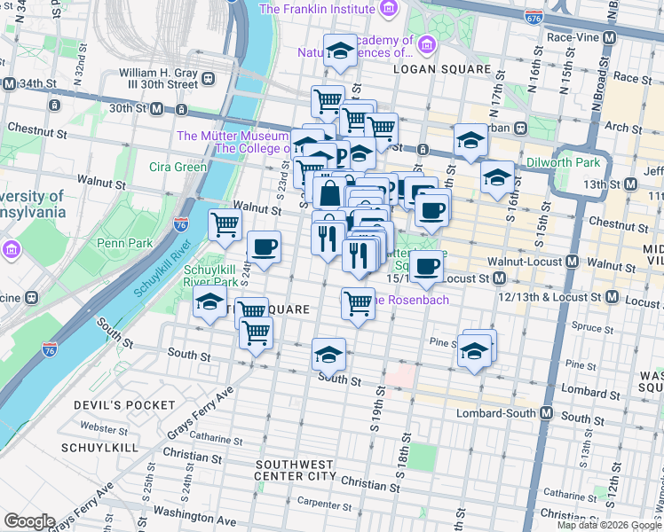 map of restaurants, bars, coffee shops, grocery stores, and more near 259 South 21st Street in Philadelphia