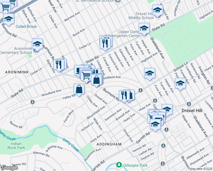 map of restaurants, bars, coffee shops, grocery stores, and more near 669 Ferne Boulevard in Drexel Hill