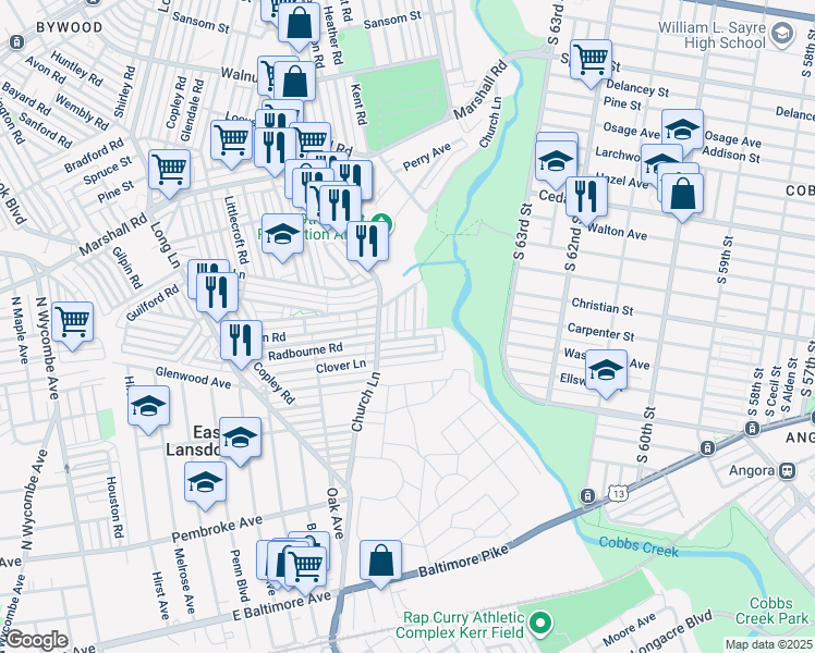 map of restaurants, bars, coffee shops, grocery stores, and more near 642 Briarcliff Road in Delaware County