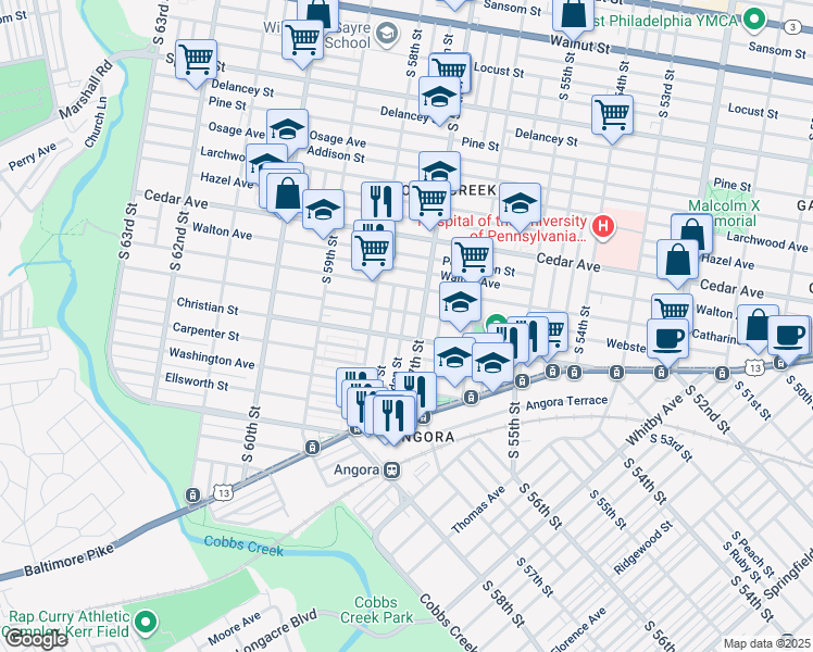 map of restaurants, bars, coffee shops, grocery stores, and more near 747 South Alden Street in Philadelphia