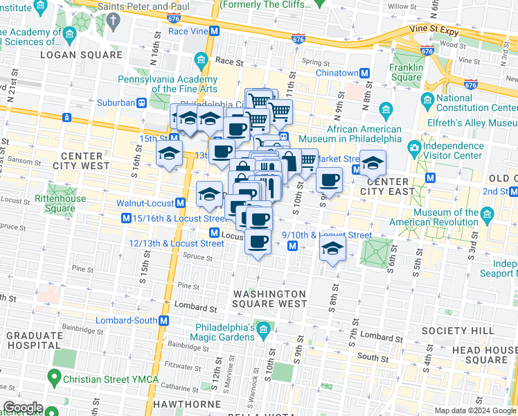 map of restaurants, bars, coffee shops, grocery stores, and more near 111 South 11th Street in Philadelphia