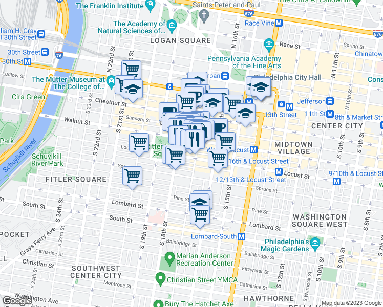 map of restaurants, bars, coffee shops, grocery stores, and more near 1701 Locust Street in Philadelphia