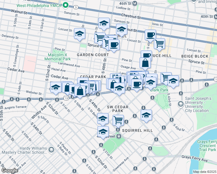 map of restaurants, bars, coffee shops, grocery stores, and more near 4711 Cedar Avenue in Philadelphia