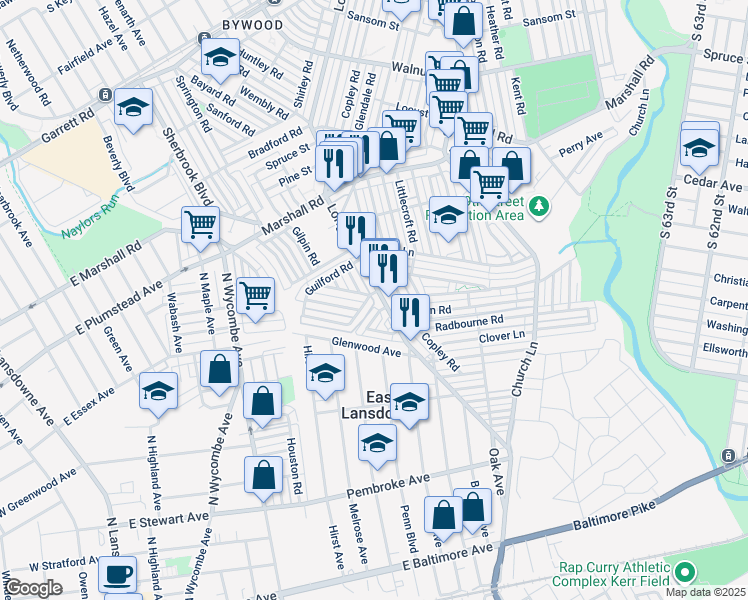 map of restaurants, bars, coffee shops, grocery stores, and more near 7210 Alderbrook Road in Upper Darby