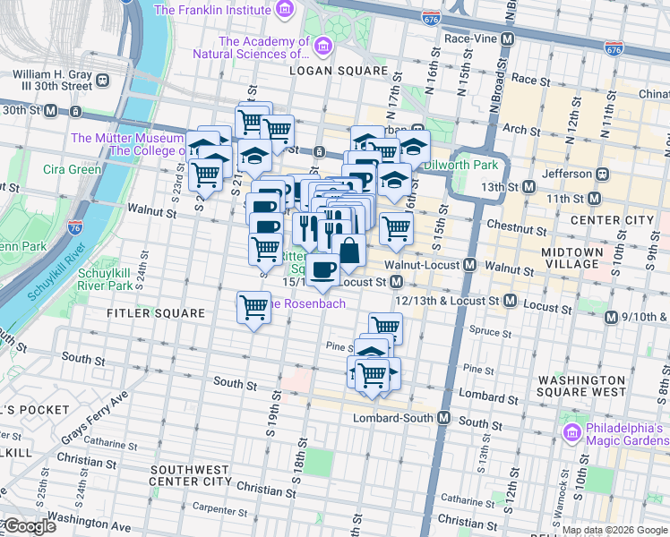 map of restaurants, bars, coffee shops, grocery stores, and more near 227 South 18th Street in Philadelphia