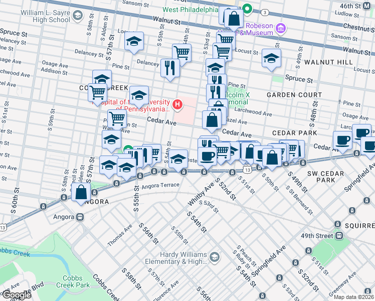 map of restaurants, bars, coffee shops, grocery stores, and more near 5311 Catharine Street in Philadelphia