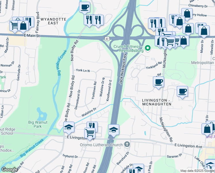 map of restaurants, bars, coffee shops, grocery stores, and more near 1356 Knollwood Drive East in Columbus