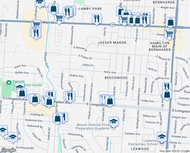 map of restaurants, bars, coffee shops, grocery stores, and more near 3989 Astor Avenue in Columbus