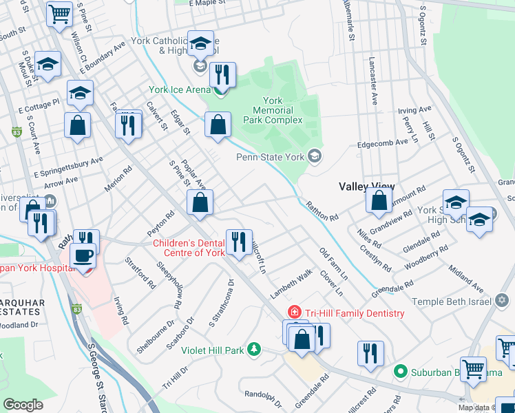 map of restaurants, bars, coffee shops, grocery stores, and more near 416 Rathton Road in York