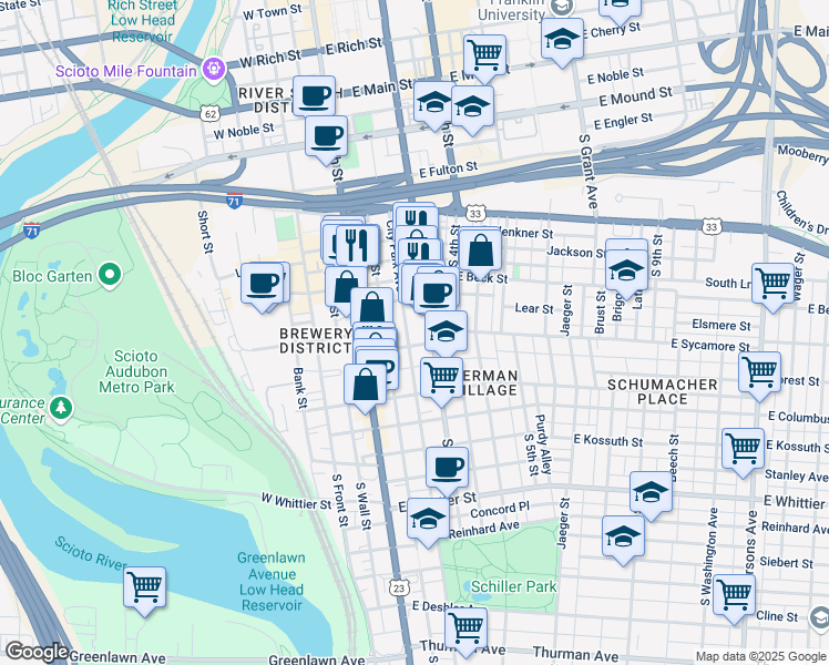 map of restaurants, bars, coffee shops, grocery stores, and more near 646 City Park Avenue in Columbus